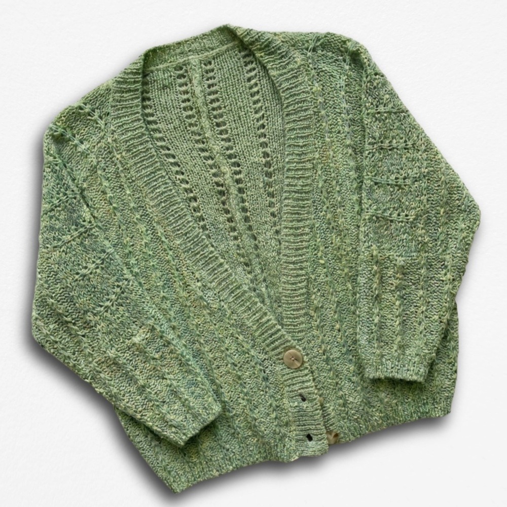BKE Sage Green Chunky Knit Button Front Cardigan Sweater Med Slouchy Pointelle